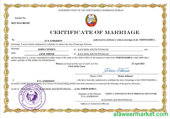 North Korea marriage certificate Word and PDF template
